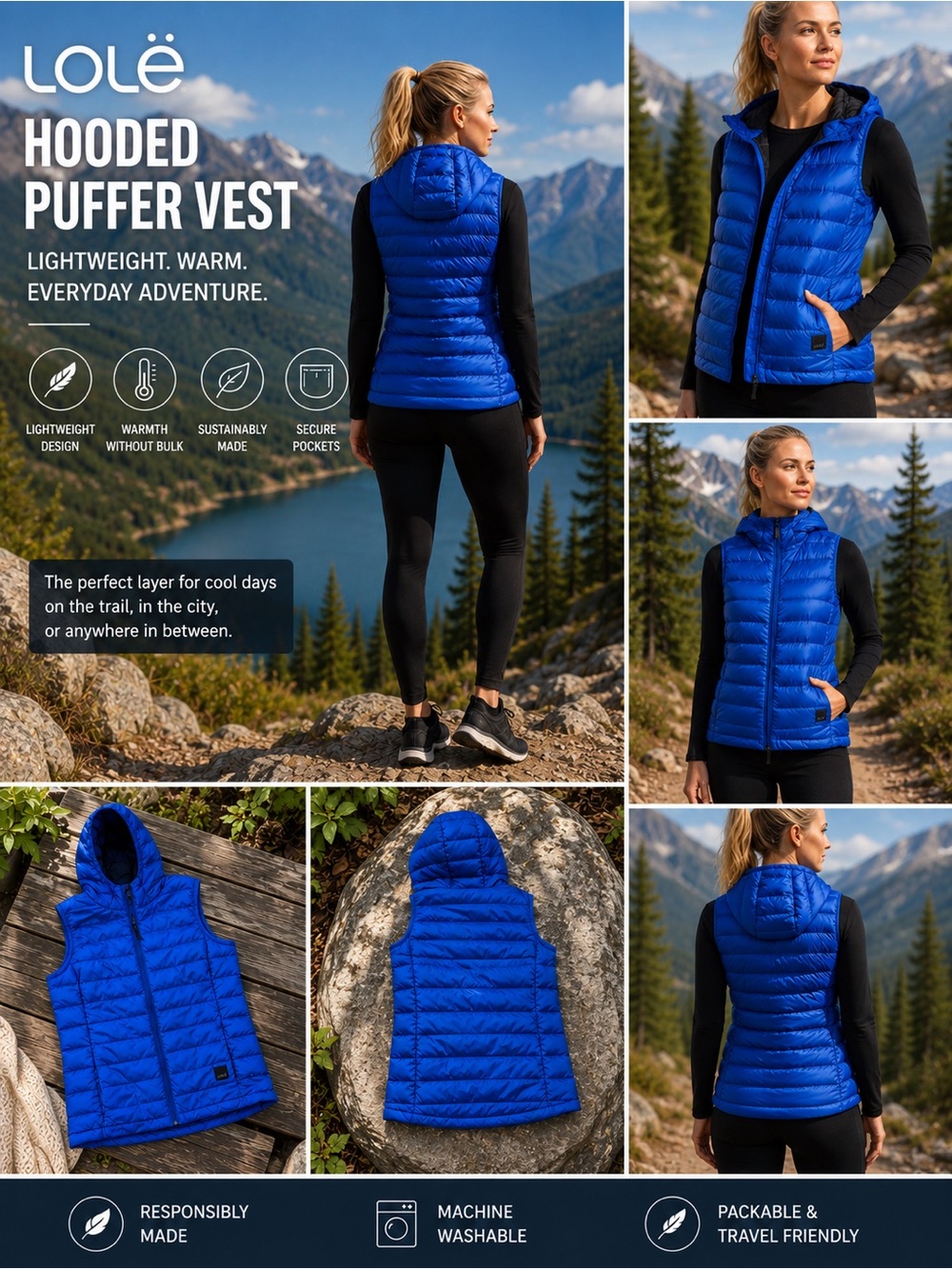 Lole Women’s Hooded Lightweight Puffer Vest Blue Quilted Insulated Size Small